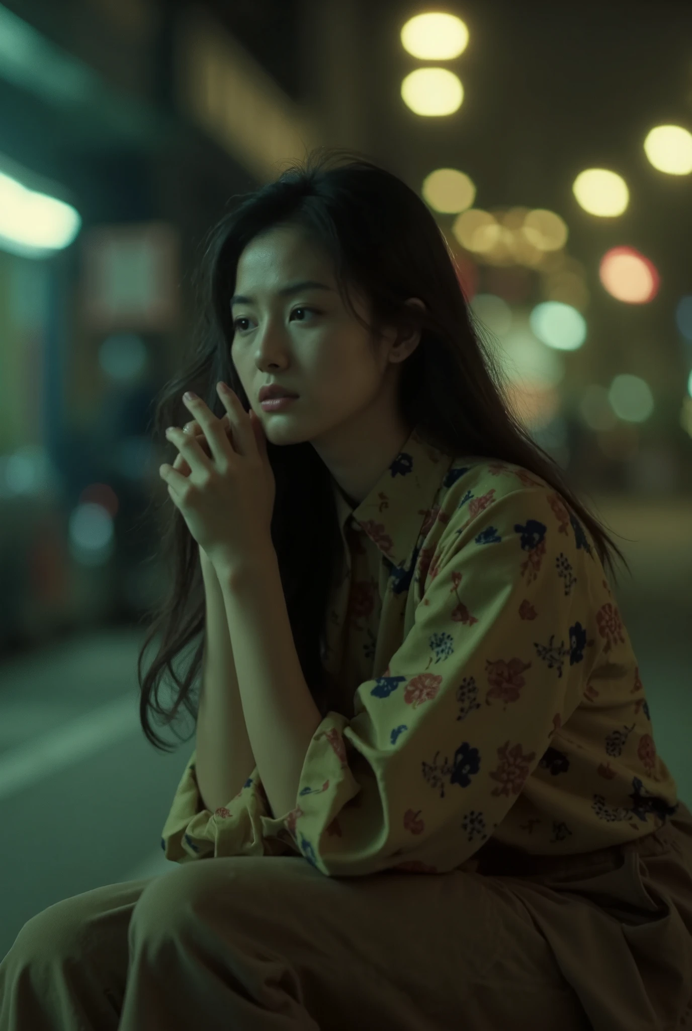 Cinematic photography, Wong Kar-Wai, indoor, night view, a young Asian beauty wearing vintage blouse and vintage khaki pants, she has long hair, she looking down and smiling timidly, sitting in bus stop, bokeh