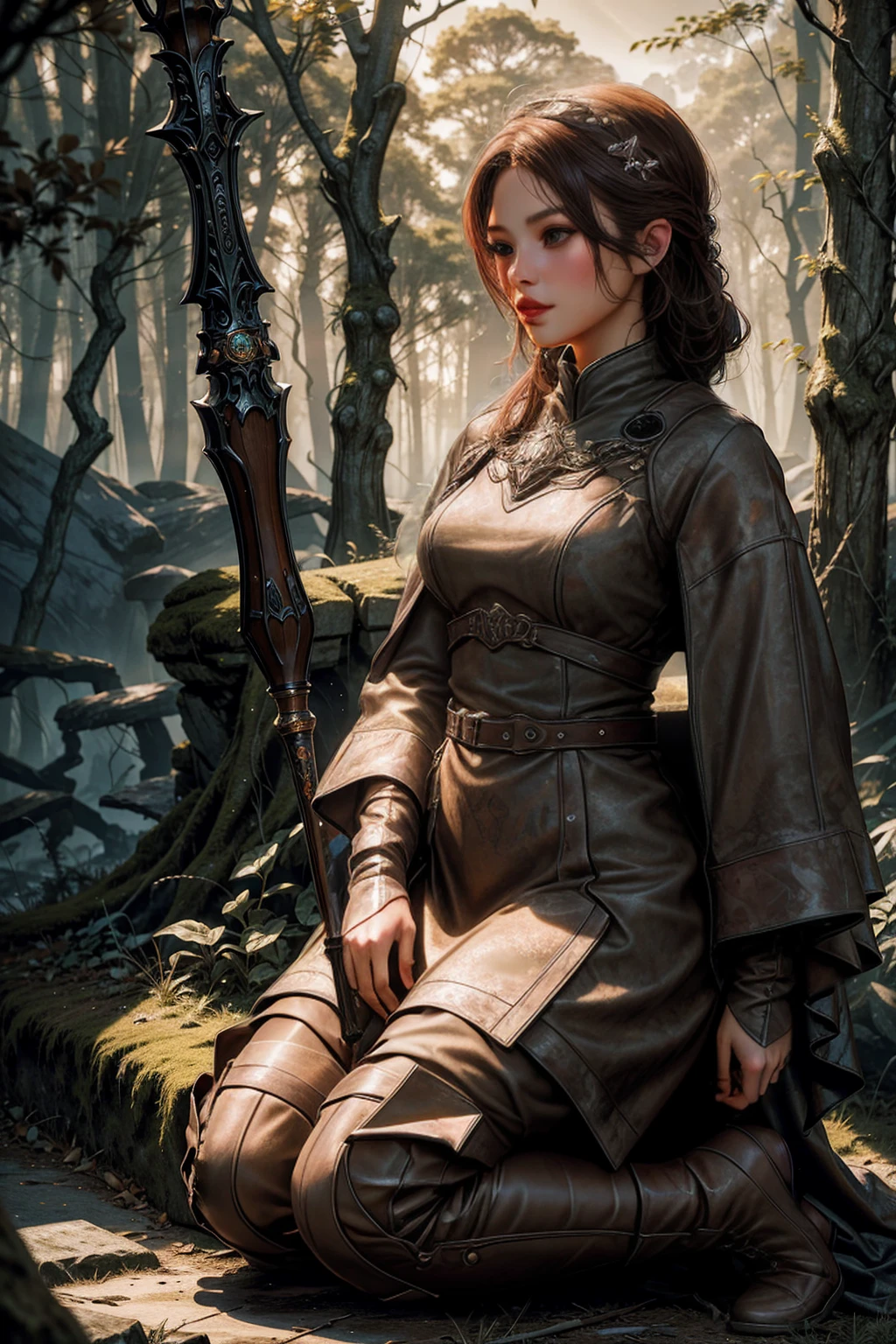 A stunning HD (High Definition) illustration of a brown-haired mage anime girl with long hair, with a braid on one side. She has brown eyes and wears a blue mage's veil on her head. She is dressed in a long-sleeve white medieval-style shirt, brown pants, and tall brown boots. She holds a mage's staff with a crystal at the tip, wearing brown gloves, and has a crossbody bag slung across her waist. The mage girl is kneeling in a dark forest at night, surrounded by ethereal, glowing red spiritual creatures shaped like butterflies, but translucent and ghostly. The atmosphere is mystical and the lighting is low, with the faint red glow of the creatures providing the only source of light. The forest background is detailed with shadows and faint moonlight. The girl’s expression is serious, and her medieval attire is finely detailed. The image should be in anime art style similar to Violet Evergarden, with smooth, polished visuals, highly detailed clothing, and well-proportioned features. The entire scene is in HD, with vibrant colors and realistic textures, creating a cinematic feel.