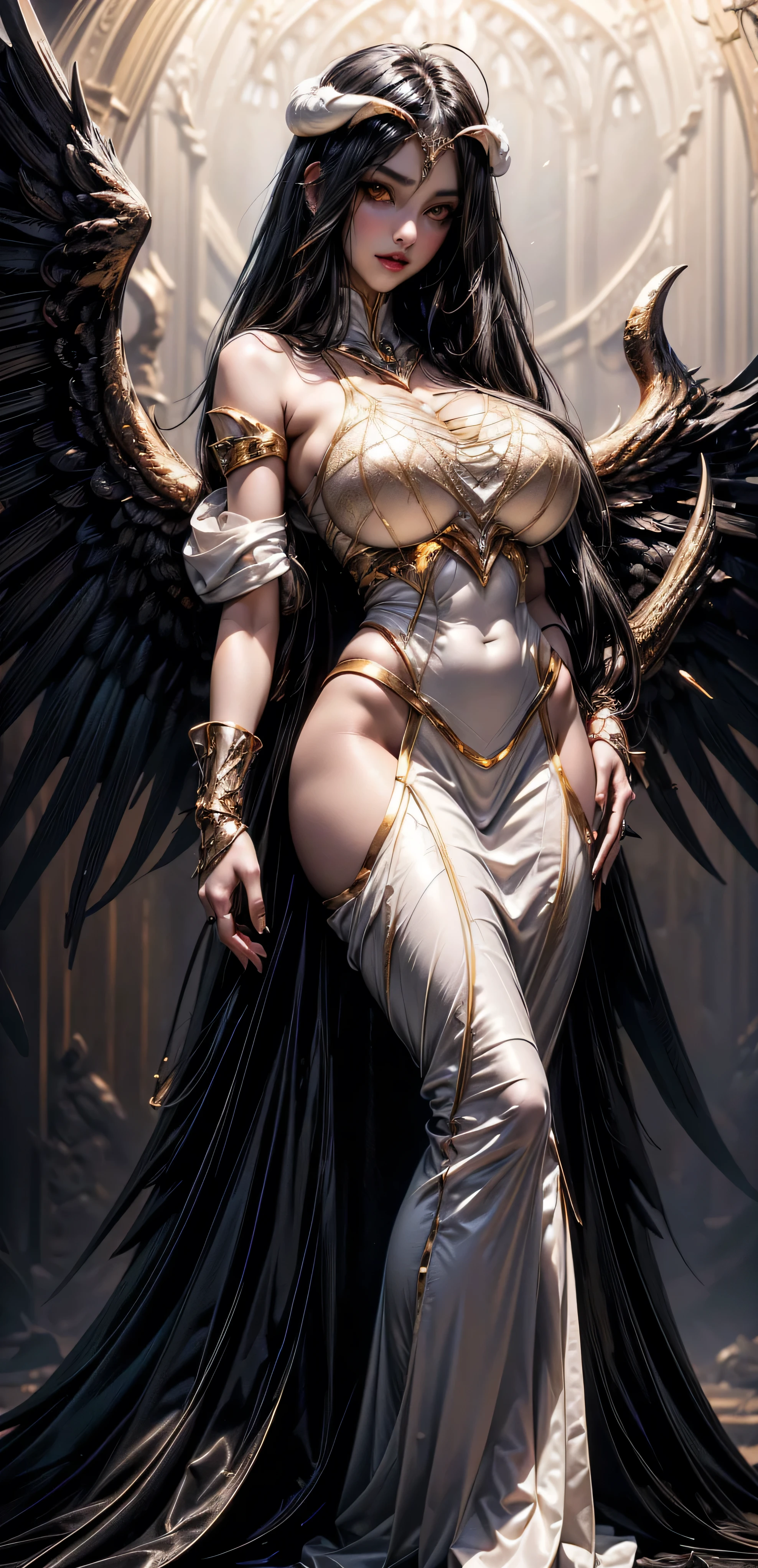 A (super realistic) beautiful sexy woman(albedo _overlord) with (glossy orange  eyes(perfect detailing) and white attire(detailed) with gold jewellery on perfect big breast, beautiful breast, black long beautiful hair, hyper detailed black  wings , (full body)(wallpaper style pose)(standing in middle)(every thing with best detailing)