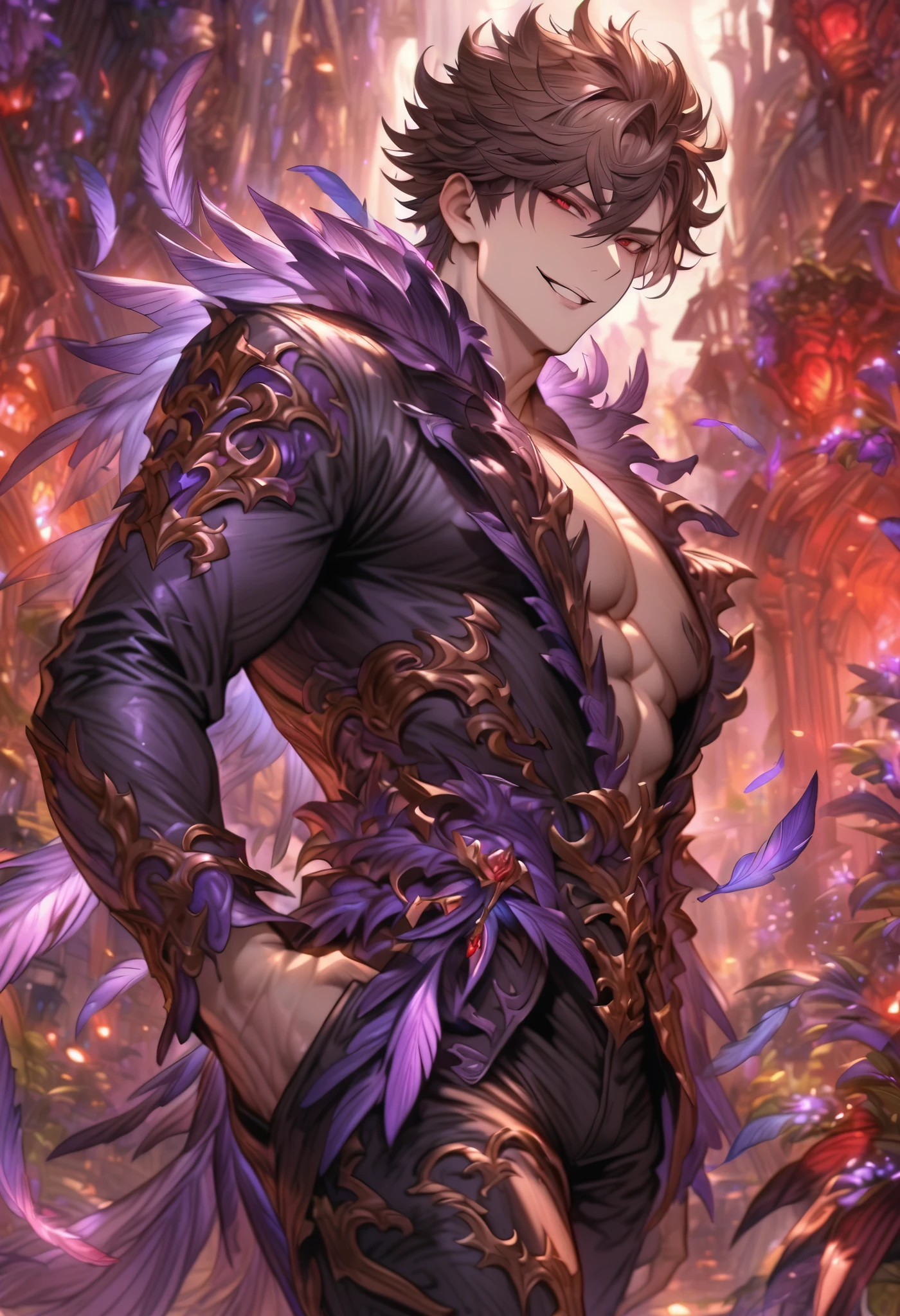 absurdres, highres, ultra detailed, HDR, master piece, best quality, Eiden, brown hair, expressive brown eyes, Nu Carnival, solo, sexy man, handsome, black horns, tail, horny, demon, fantasy black demon clothes, accessories, showing the chest, magical forest, petals, flowers