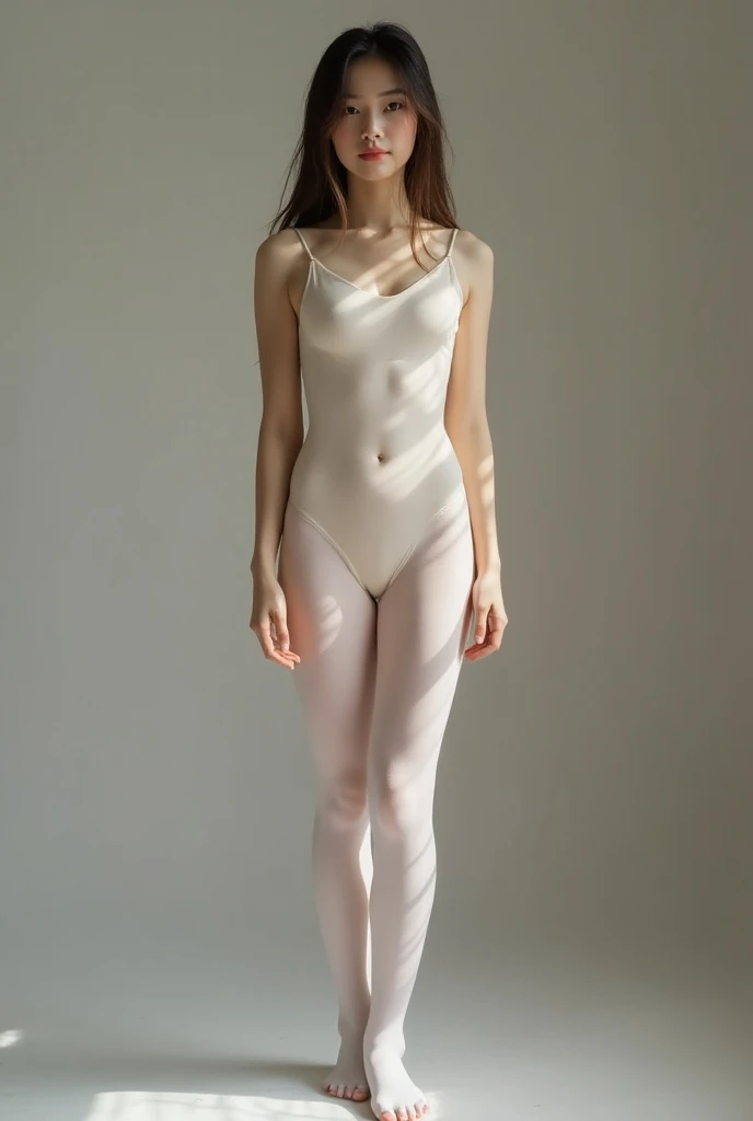 ulzzang-6500-v1.1, (RAW photo:1.2), (Photoreal), (genuine:1.4), (genuineistic Beautiful Girl、16 years old、Cute girls in Europe)、(Leotard exercises for ballet)、(wearing white tights、genuineistic tights)、Ballet Lessons、オーシャンブルーのeye(eye), Blonde bun hair、standing by the window、smile of shame、realistic skin texture, details face, 美しいディテールのeye, compensate, (detailed background:1.2), shiny skin、look back、exposed thighs!!!、