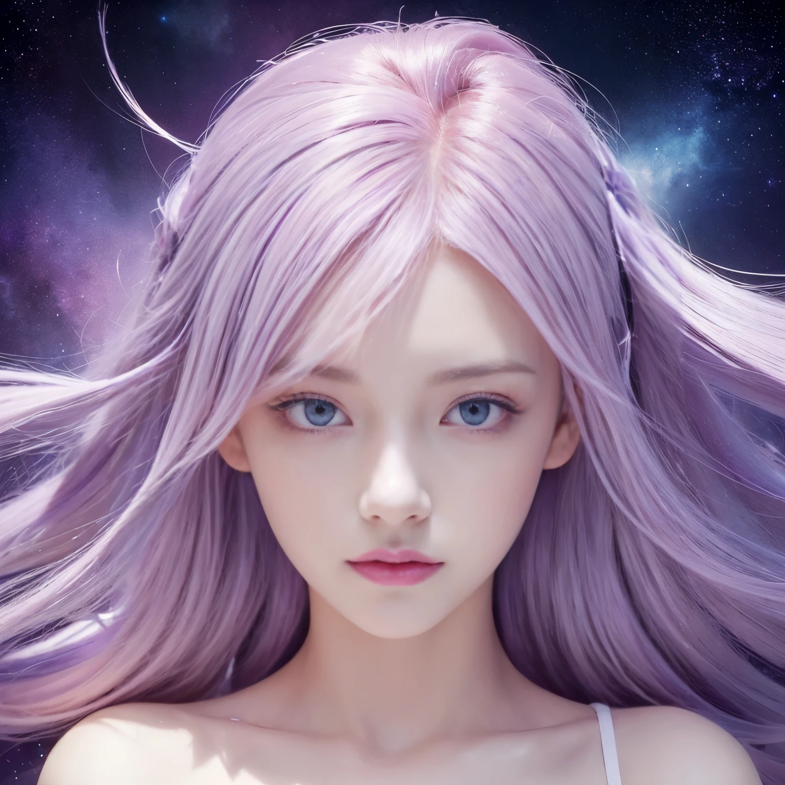 ((masterpiece, Best quality)),(Negative Space:1.4),(1 Girl, Solitary:1.4), beautiful detailed eyes ,floating pink and lilac hair,  light purple eyes , At night, Starry Sky, Stars shine