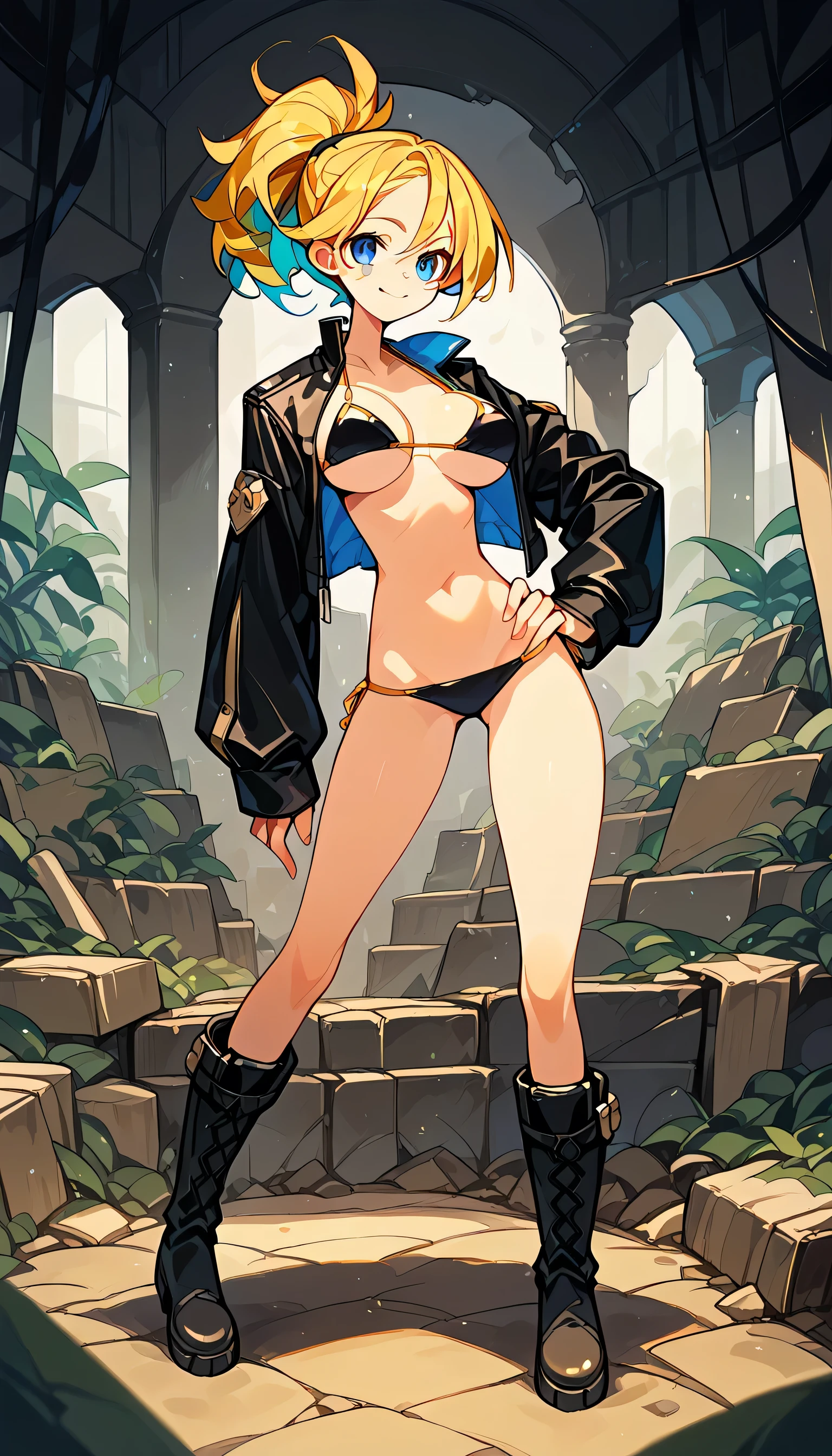 Masterpiece, best quality, Masterpiece, best quality, 1 woman , blue eyes , yellow ponytail , black leather jacket , sly face , smile , bikini , abdomen, big breasts , Long legs , boots , hands on hips , abandoned factory , at night