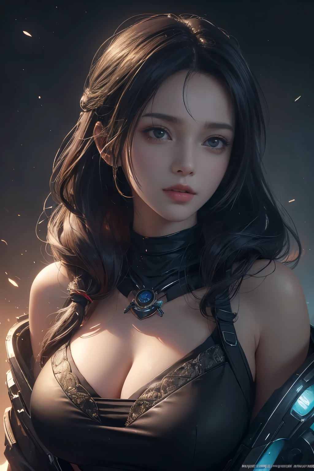 Immerse yourself in the world of game art with this visually diverse and creative half-length photo of a 20-year-old girl, featuring a close-up of her detailed eyes and large breasts.