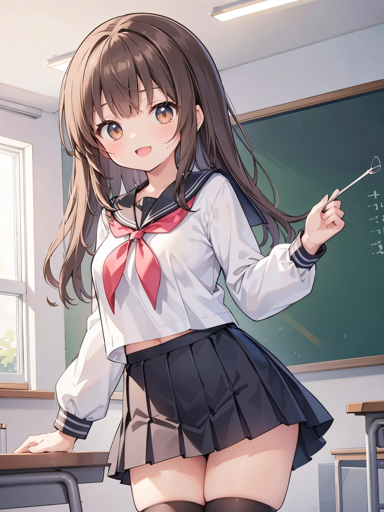 Highest quality, masterpiece, High resolution, alone, {inazuma_Fleet Collection}, brown_hair, Folded_ponytail, brown_eye, length_hair, Open_mouth, smile, School_uniform,skirt,Pleats_skirt,((Flat Chest, Small breasts, flat chest)), 