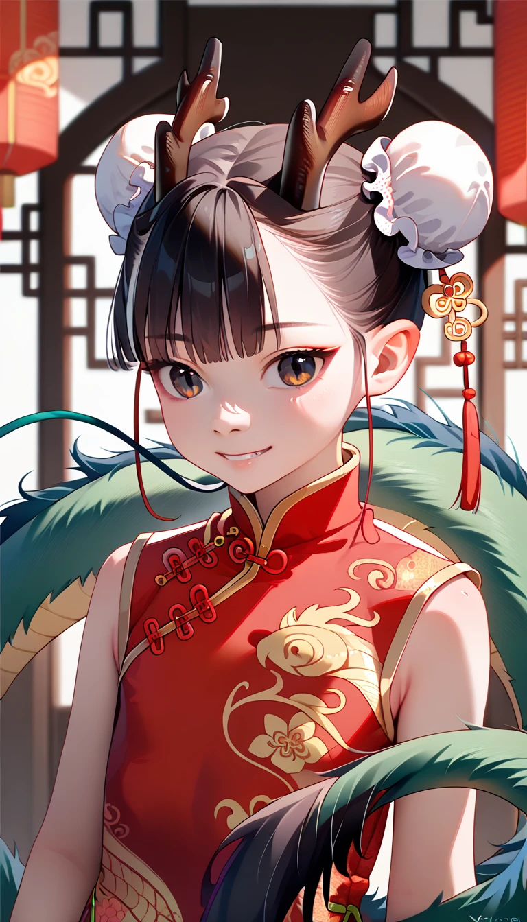 masterpiece, best_quality, ultra_detailed, upper_body, solo_human, (chinese_young_girl, 16_years_old, pale_skin, (black_eyes, black_chinese_bun_hair, eastern_dragon_horns, eastern_dragon_tail:1.5), slender, cheongsam, smile), hold_own_tail