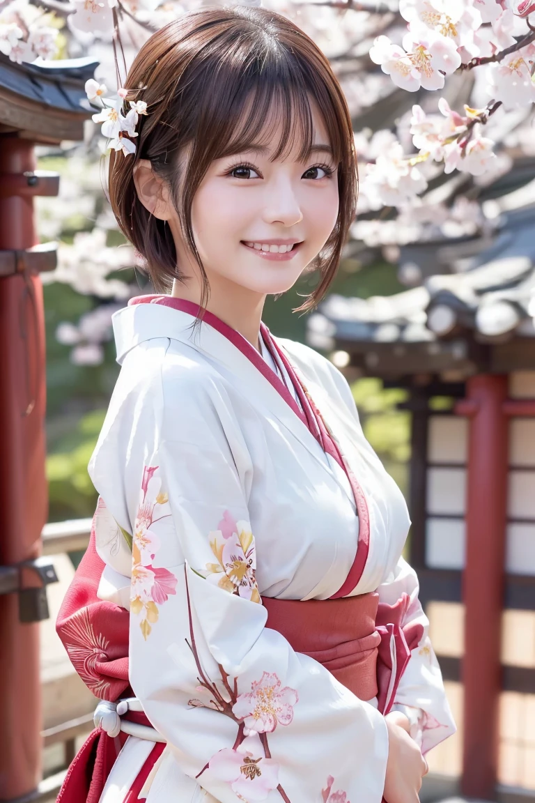 (8k、RAW Photos、Best Quality、 High Resolution 、masterpiece:1.2)、(Realistic、 photorealistic :1.3)、One Girl、(cute:1.2)、smile、Very detailed photos、Very beautiful photos、Medium Breast、 medium short hair 、 staring at the camera、((Beautiful Japanese woman wearing a kimono against the backdrop of a shrine with cherry blossoms in full bloom 、Beautiful Japanese woman wearing kimono))