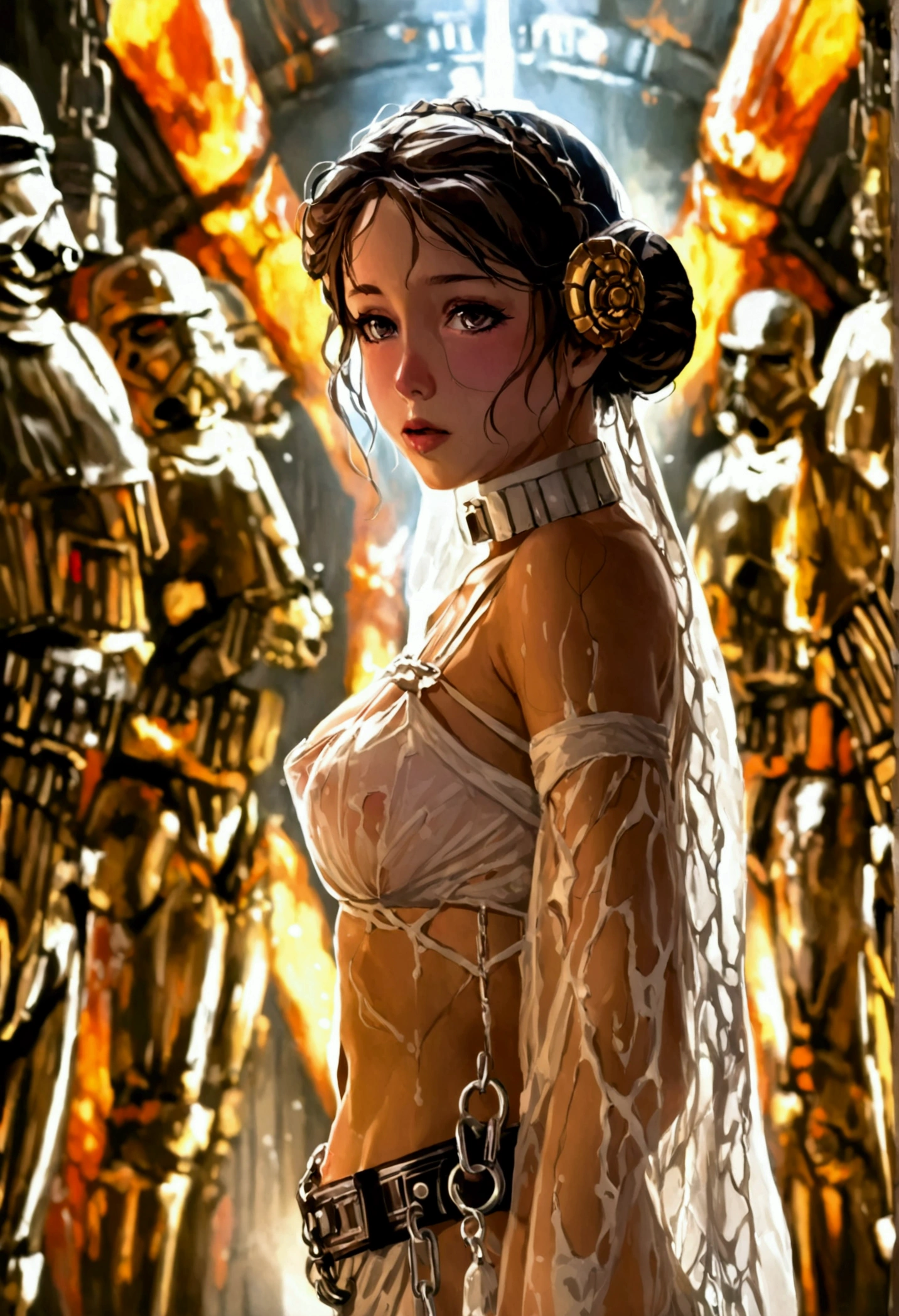 A cute yuna in the role of princess Leia (age 25, (big breasts 1.2), big butt, slim waist, tattered remains of a sheer white dress no underwear, unshaved), is a prisoner on the Death Star, Leia is chained to the wall, Leia being milked by droids (hand expressing lactation) in a high technology scary torture chancer, a Very aroused Darth Vader prepares for Leia's brutal BDSM sex session, damsel rape, damsel peril, BDSM
