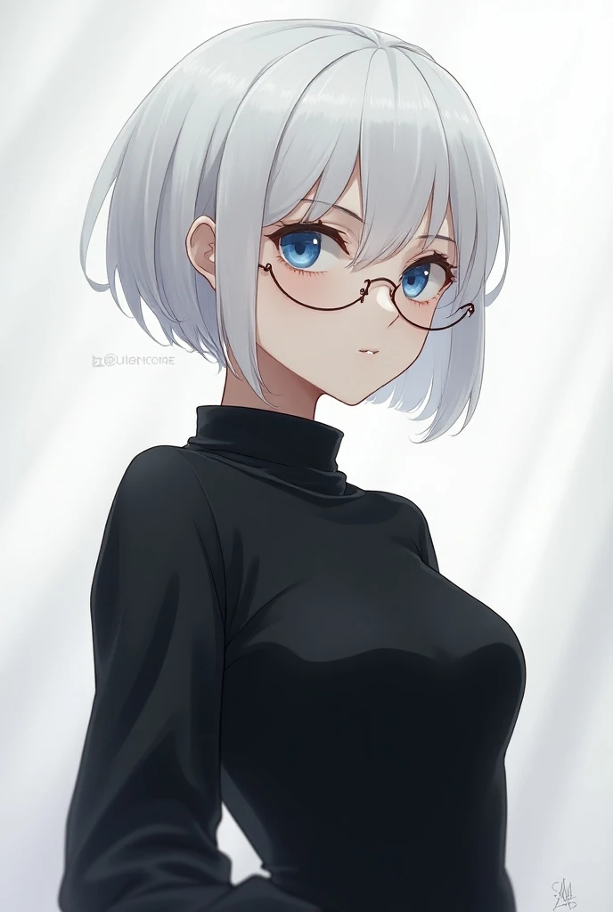 White hair, big breasts, glasses, white sweater, short hair, plump, black skirt, odd eyes, blue eyes, illustration, small, bare shoulders, anime style, anime illustration