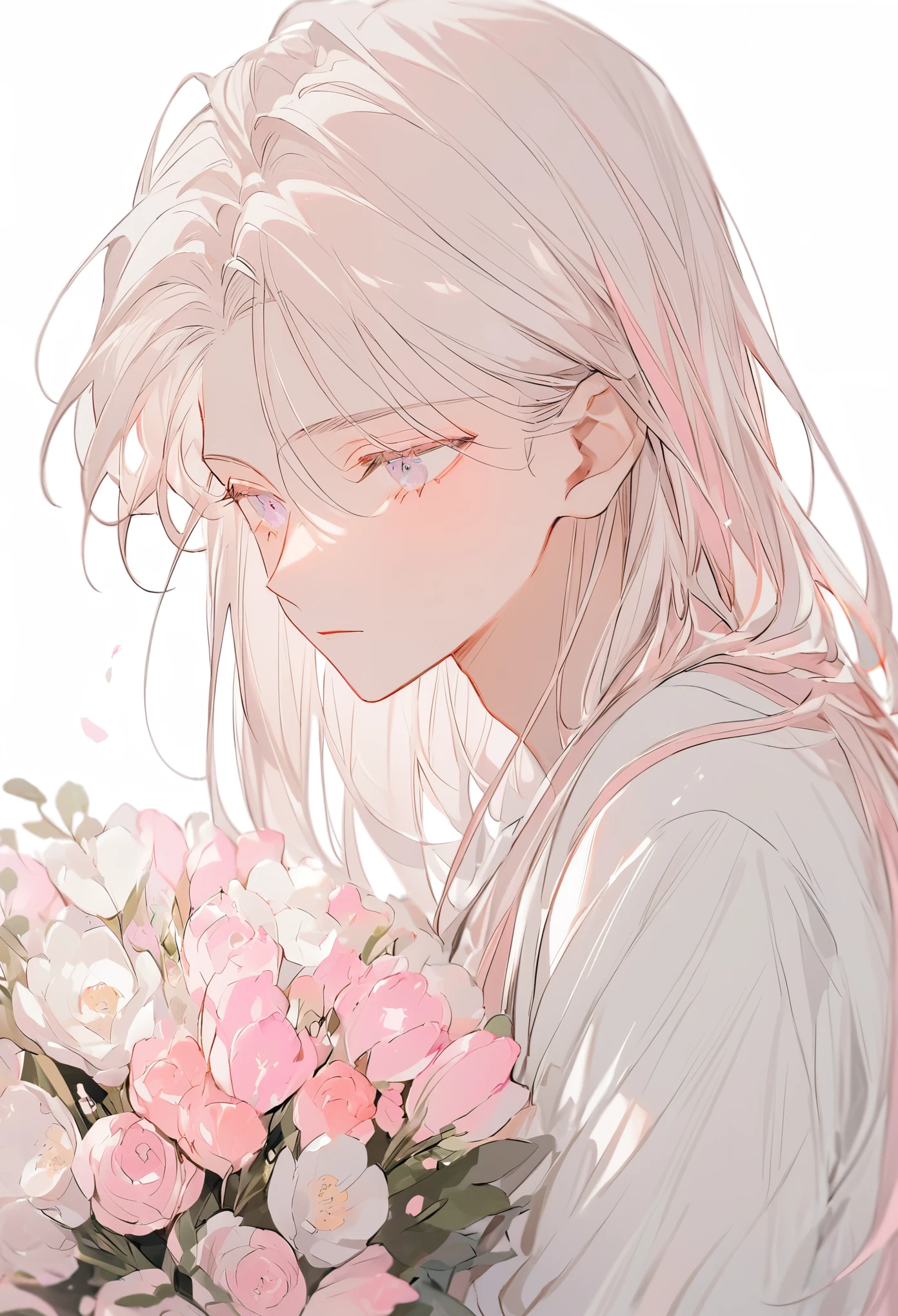 Soft lines、boy、White hair、 straight hair 、((((Holding a light pink bouquet))))、💐💐💐💐💐💐💐💐💐💐💐、Upper body、WhiteTshirt、 white background for the head only、forward、Look at me