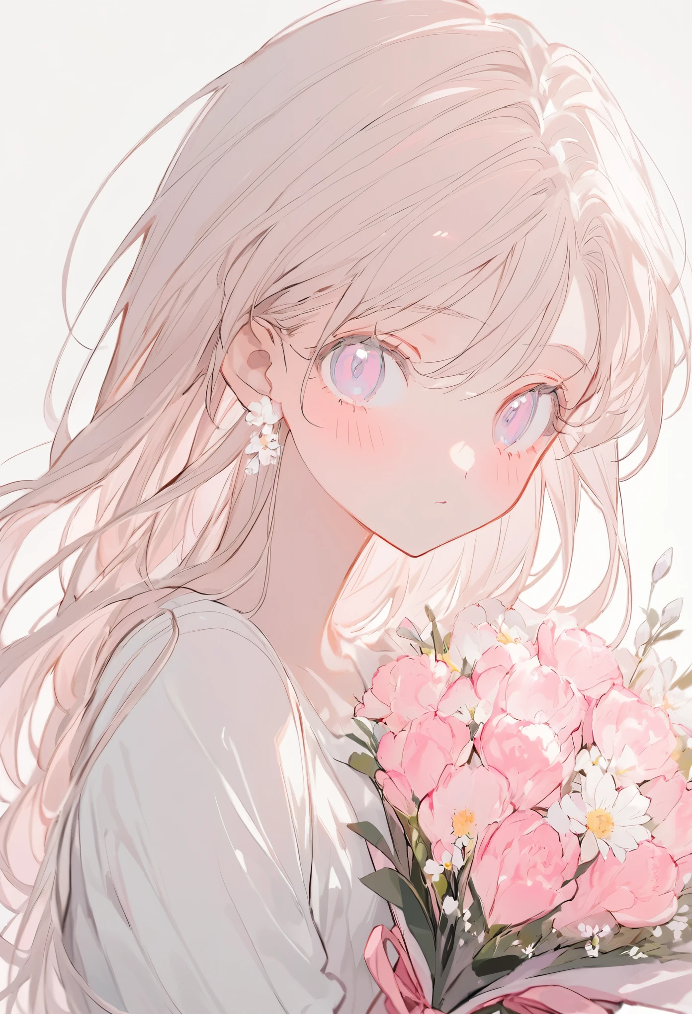 Soft lines、girl、White hair、 straight hair 、((((Holding a light pink bouquet))))、💐💐💐💐💐💐💐💐💐💐💐、Upper body、WhiteTshirt、 white background for the head only、forward、Look at me