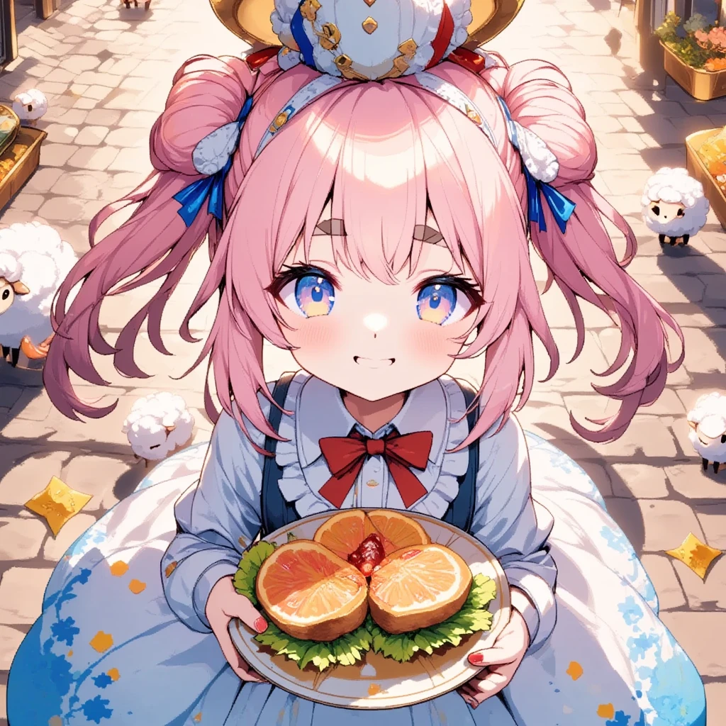 UHD, super detail, high details, highres,  plate on the cake with both hands {x} perspective from above, cowboy shot, upper body, focus cake, Sheep,  big cake on a plate, ケーキに"Tanks ３００Followers"Character:1.3,  holding a , smile, Happy expression,  happy color background 