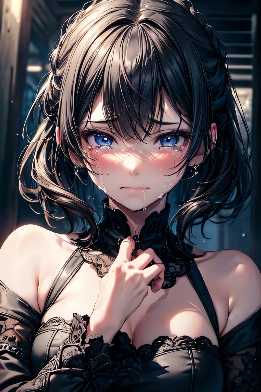 1girl, black skin, Slave old ripped clothes, beated up, deep scars on body, blood, scared, Terrified, Cute puppy eyes, tears, sweat, (Black eye color), highly detailed, high quality