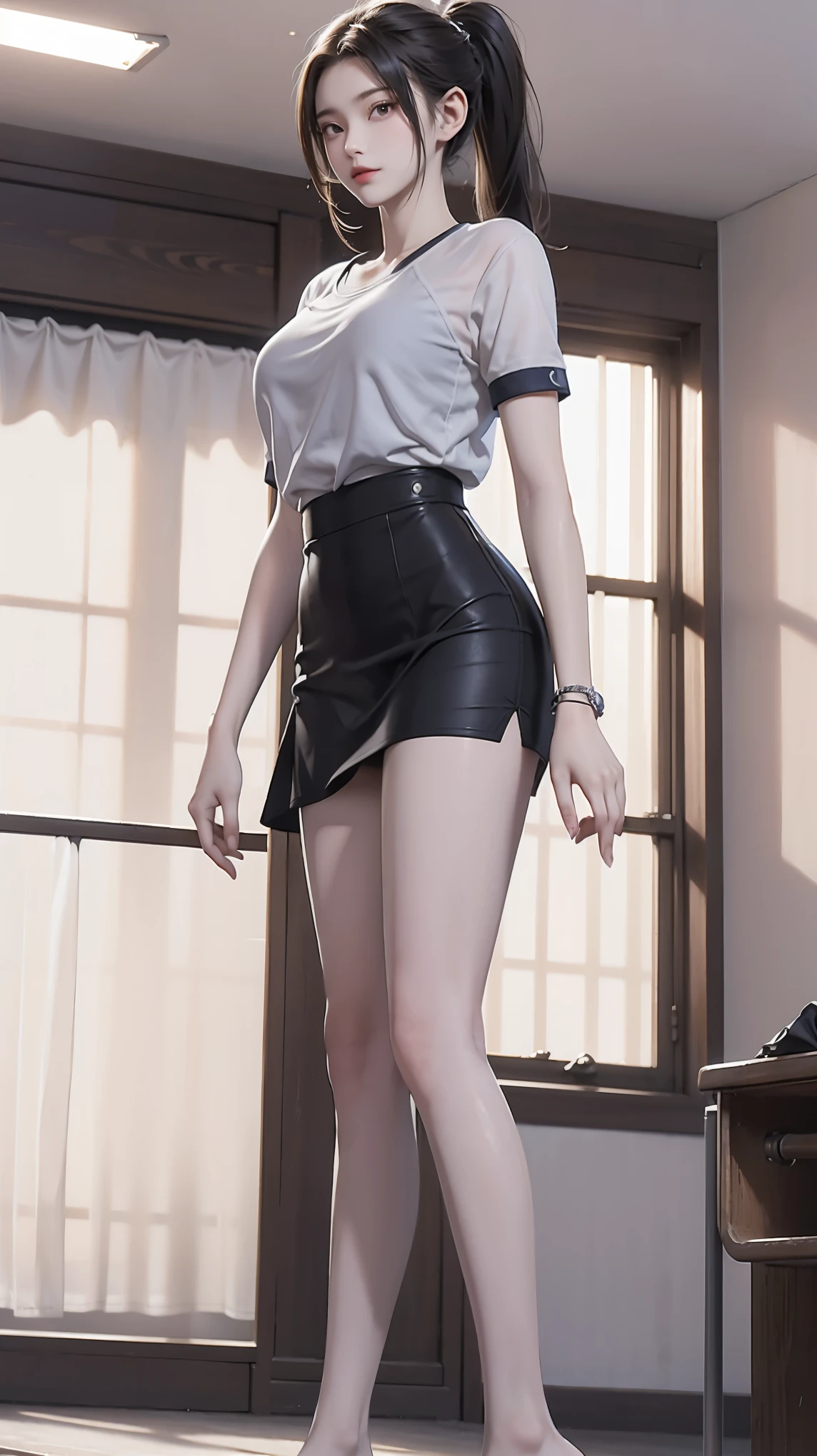 masterpiece, Best quality,Official Art, Extremely Detailed CG Unity 8K Wallpaper on the Classroom Desk,On the playground,Long hair,Single ponytail,Large Target,becomes,Black silk,tights(Whole body love),Eero 404,(Short skirt),Dead water