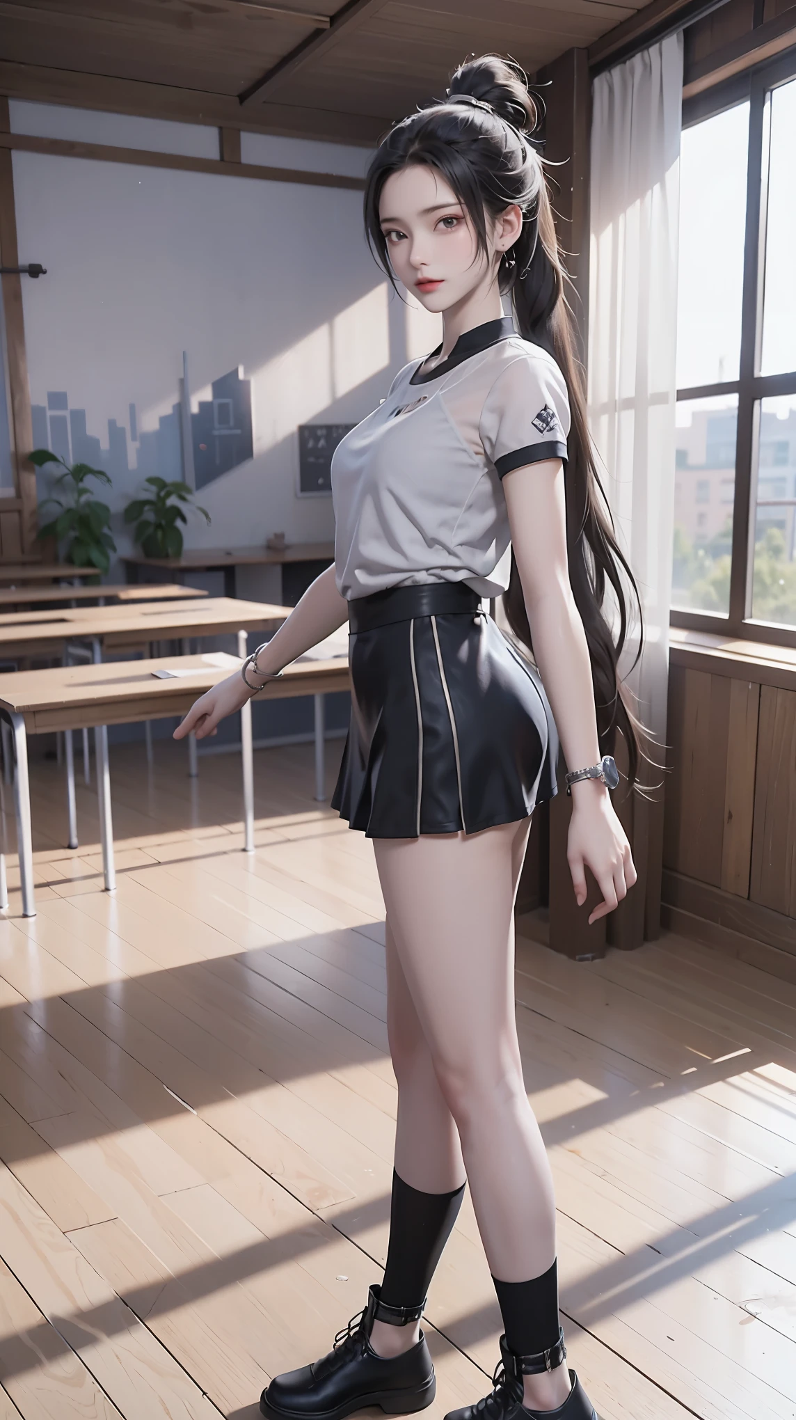 masterpiece, Best quality,Official Art, Extremely Detailed CG Unity 8K Wallpaper on the Classroom Desk,On the playground,Long hair,Single ponytail,Large Target,becomes,Black silk,tights(Whole body love),Eero 404,(Short skirt),Dead water