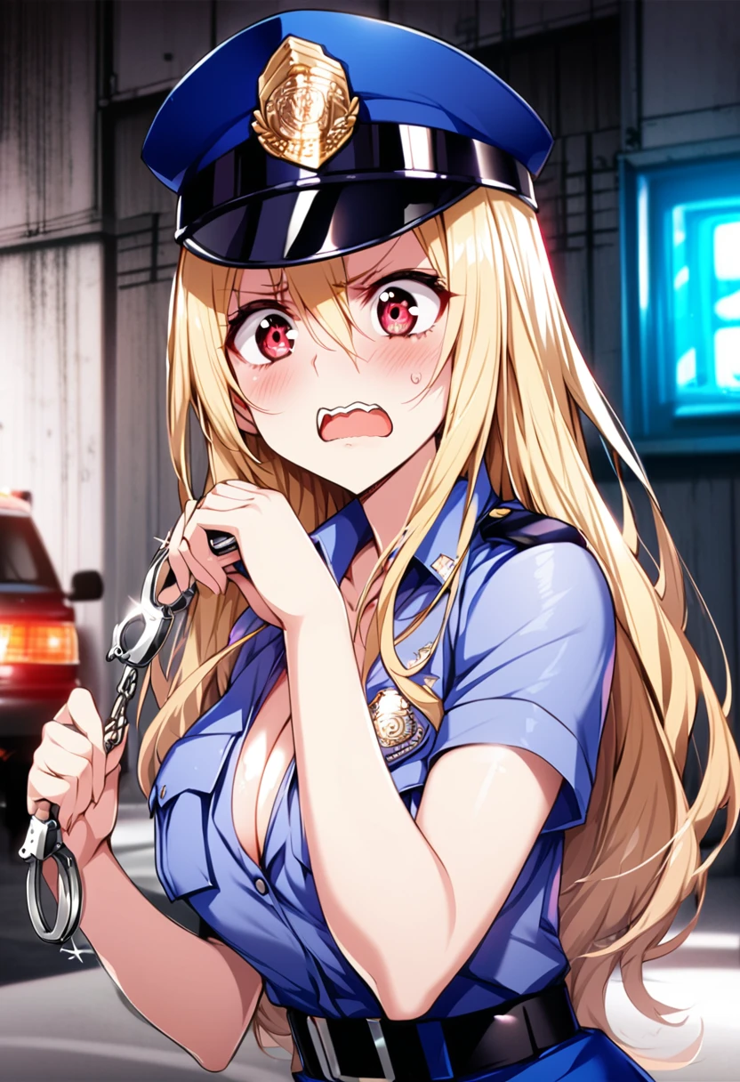 1 girl,  Police Girl, Shiny skin, Large Breasts:1.2,  Beautiful Hair, Beautiful Face, Beautiful detailed eyes, (Long Hair:1.5), Blonde, bangs, Hair between the eyes, Red eyes, Beautiful clavicle, Beautiful body, Beautiful breasts, Beautiful thighs, Beautiful legs,Tall、Short Bob ((Female police officer uniform, light blue short sleeve open chest shirt,  High Waist Mini Skirt、Police Cap、 woman holding handcuffs on her hands 、 scary expression)、dark slums、Police car behind woman 
