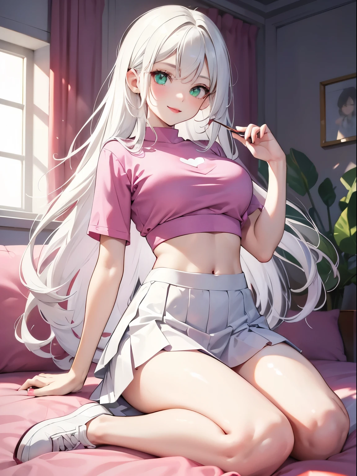 ((masterpiece)), ((Best quality)), (8k), beautiful woman, white hair, long layered hair, (pastel colors), (detailed face), green eyes, red lips, smiling, pink t-shirt with black lines, tight t-shirt, bare abdomen, cleavage, (perfect body), (bright colors), medium breasts, slim waist, white skirt, mini skirt, slim legs, white sneakers, living room, full body, (pastel colors), looking at viewer,