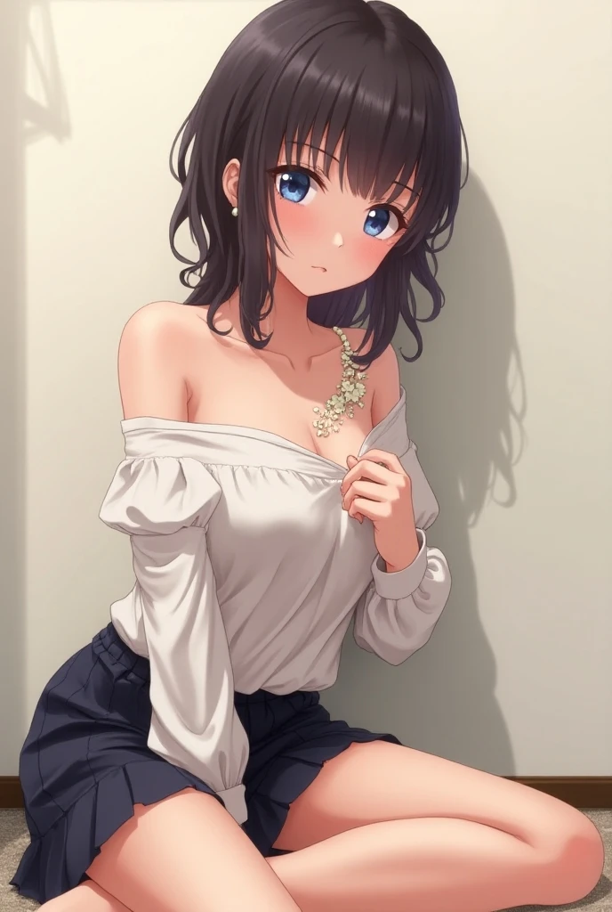 one girl, anime style, cat ears, off shoulder, medium breasts, shy, blush, navel, choker, obedient