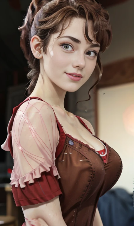 ((high resolution)), ((pale skin)), freckled, brunette ((11 year old)) girl, with blue eyes, blushing cheeks, wavy hair, smiling, large breasts, as a sexy maid
