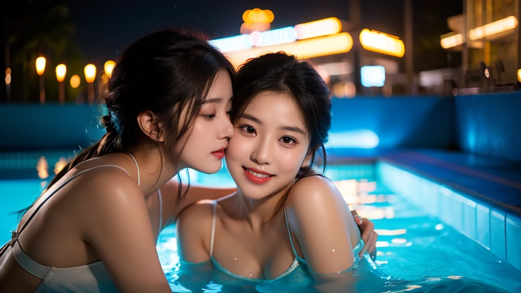 Two girls kissing while sitting on bar stool cushions, Bikini swimwear, White panties,Surrounded by dicks