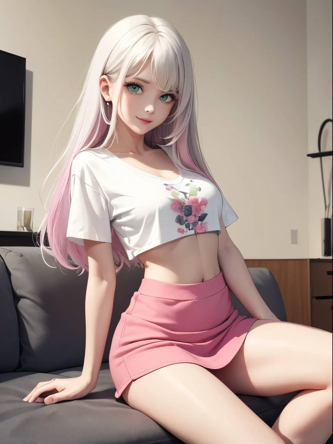 Woman, One, 18 Years old, Korean, Skinny, Pale skin, Small breasts, Skinny thighs, Cute face, Makeup, Seductive smirk, Long eyelashes, Gradient hair, White hair, Pink hair, Bangs, Ponytail, Tight top, Mini skirt, Headphones, Intricate clothes, Decollete, Full body, Cafe, Cinematic light, Masterpiece