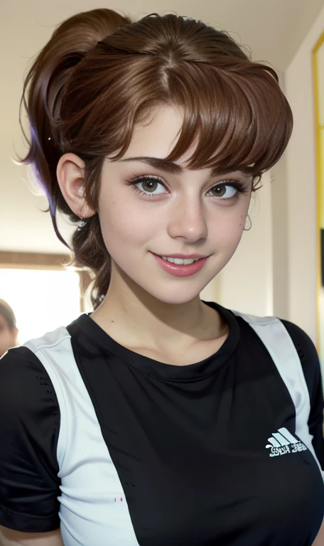 Photo of a 14 year-old american girl, .RAW, beautiful teenage girl, (long brown hair with ponytail), light brown hair ponytail hairstyle((portrait)), ((detailed face:1.2)), (( Detailed facial features )), ( finely detailed skin)  , (Masutepiece) (perfect proportions realistic photos)( The best quality ) (DETAILED)  taken with a Canon EOS R5, 50mm lens, f/2.8, nffsw, (8K) (wallpaper) (cinematic lighting) (dramatic lighting) (sharp focus) (Tangled) medium breasts , medium breasts , lots of freckles on cheeks and nose , freckles on chest, full body , beautiful body of a teenage girl,  nice makeup , big smile  , slim statuesque woman , baseball clothing , baseball uniform , foto de full body ,  ready to bat , Base bat Ball  