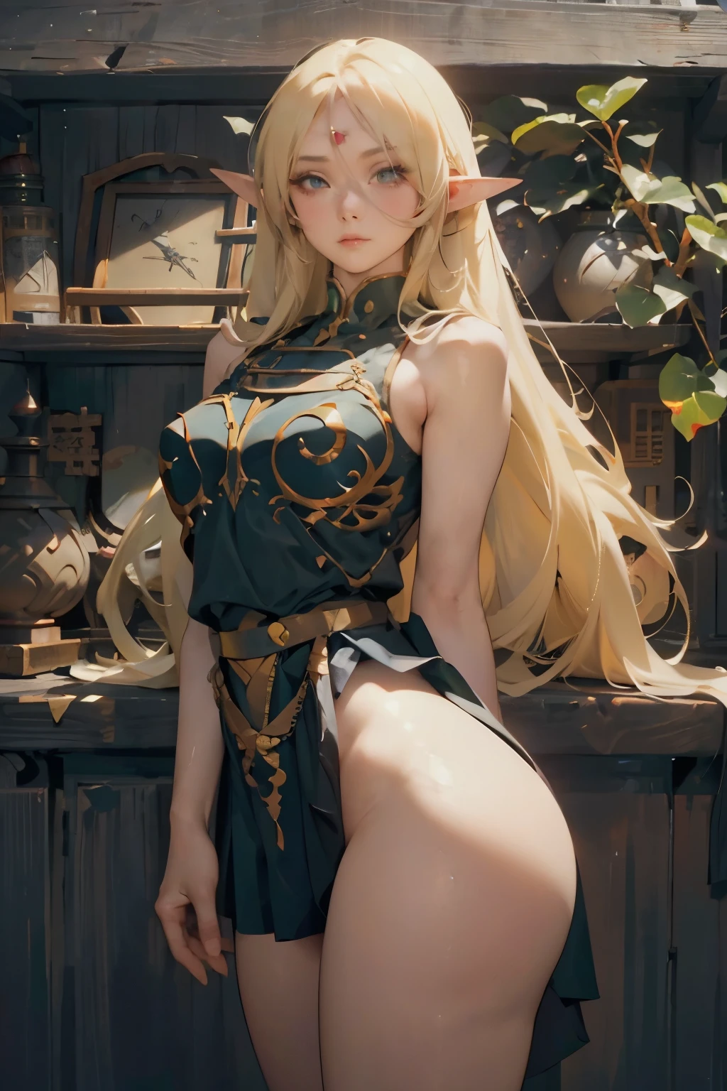 elf girl, 18 years old,  perfect bodies , beautiful face, Watch the audience, Looking down, beautiful eye, Highly detailed eyes, Blonde Hair, Long Hair, beautiful , big , big butt, High Detail Real Skin, high quality skin,  china dress, low rise white panties, Professional Lighting, True Shadow, masterpiece, skirt lift,