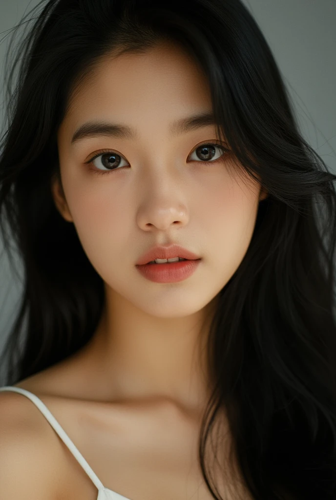 A  face shot of a stunning 19-year-old Indonesian girl with flawless, radiant Tan skin and black hair. 