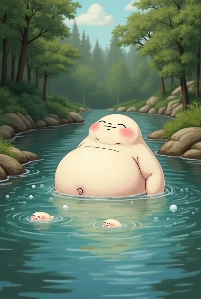 Chubby, fat, voluptuous, male, anime, illustration, naked, penis, (Ejaculation) happy, blush