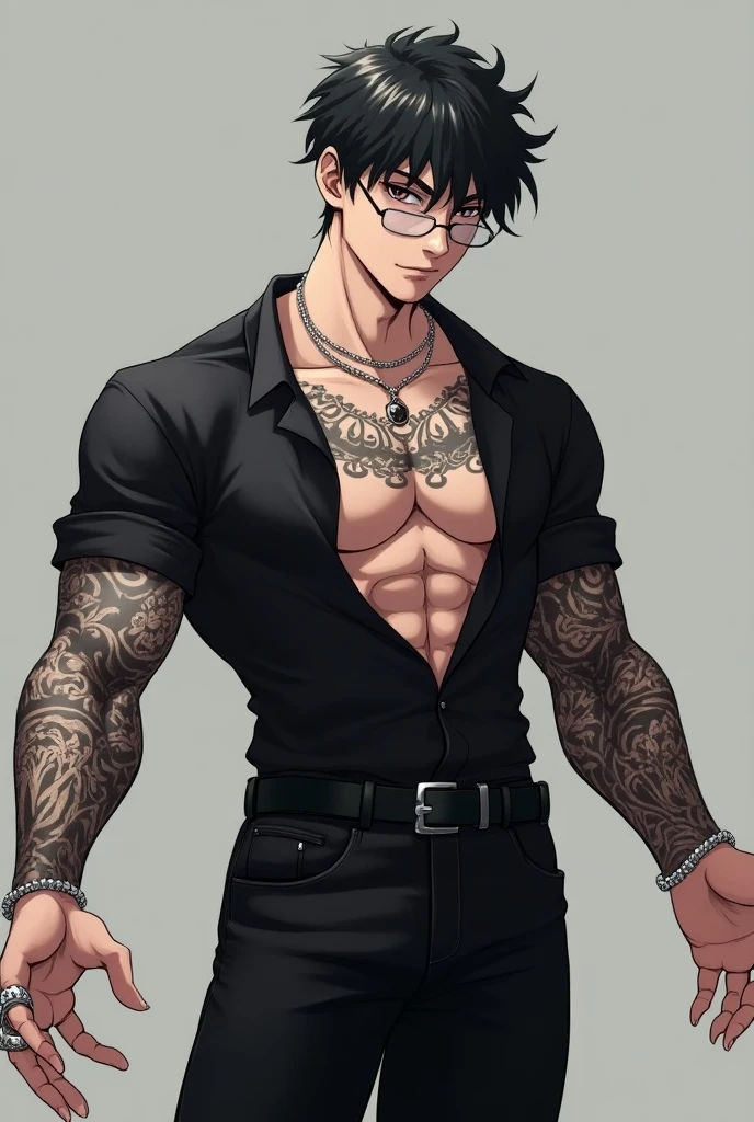 Male gamer FF character, hair cut with lines on the sides, and wearing black glasses and smiling, shirtless with many tattoos