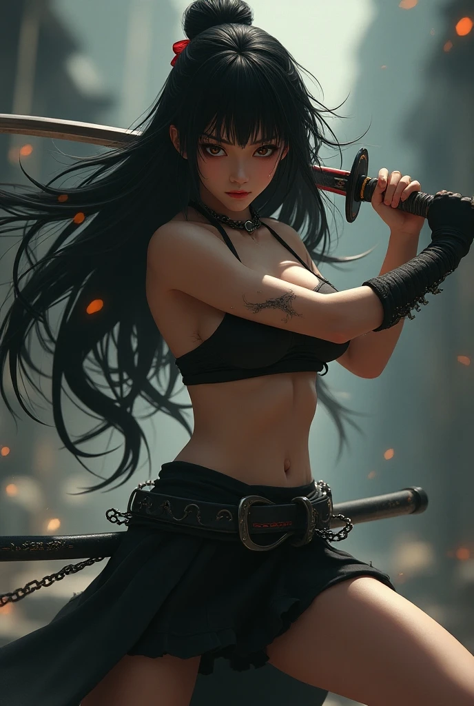 Generate a collage of a girl who has superpowers and they are written on each image, that has the following characteristics: that she is Asian, have long black hair, that she is white, that she practices swordplay and that she has appropriate clothing