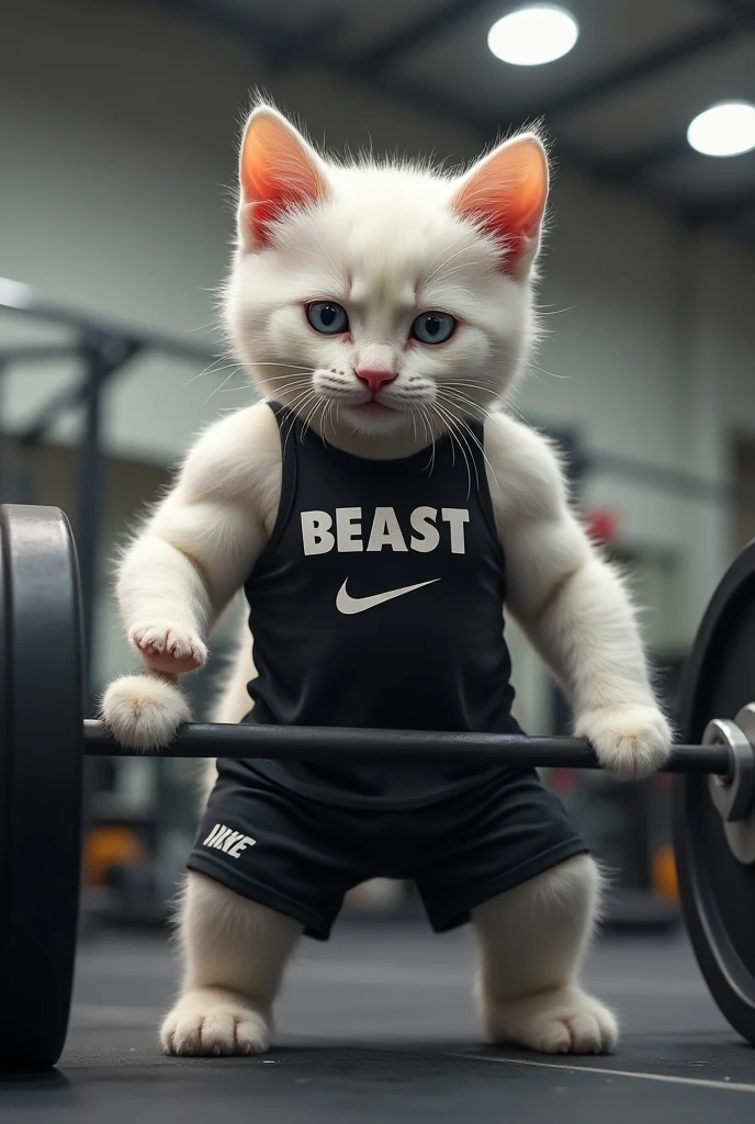 Create the image of a pumped-up white cat in a slightly cartoonish, semi-realistic style. The cat should hold a dumbbell in her hands, demonstrating her feminine beauty and athletic character. Make sure the cat's fur looks detailed and natural, focusing on its determined but friendly expression. The overall design should balance between realism and a hint of cuteness, avoiding unnecessary exaggerations."
