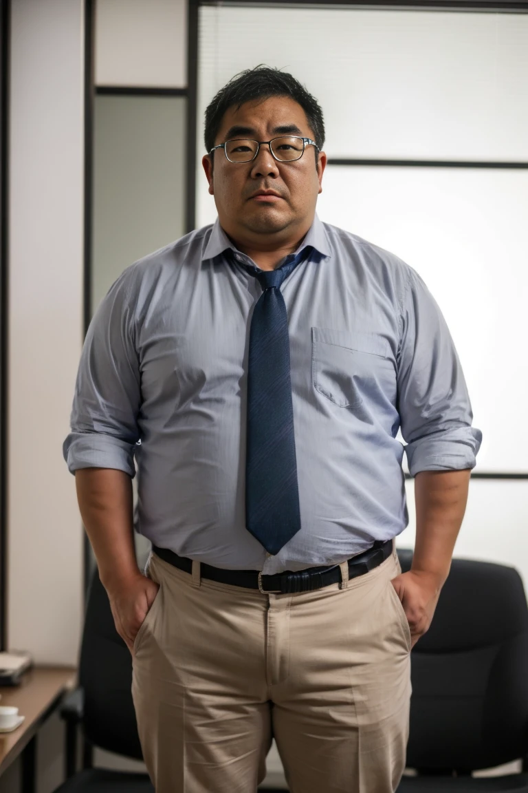 A slightly overweight 30-year-old Japanese man., A Japanese man wearing a white business shirt is standing, Grey Pants, Medium length hair, Natural Hair, He is looking at the audience, Round face:2, Thick thighs, Mouth details, At the office at night, Coffee Break, Super detailed,  anatomically accurate, This photo was taken with a medium telephoto lens, Dark warehouse at night, Green, She is wearing a silver ring on the ring finger of her left hand.., He has his mouth slightly open, Orgasm Face, Erotic Humiliation, Glasses, 