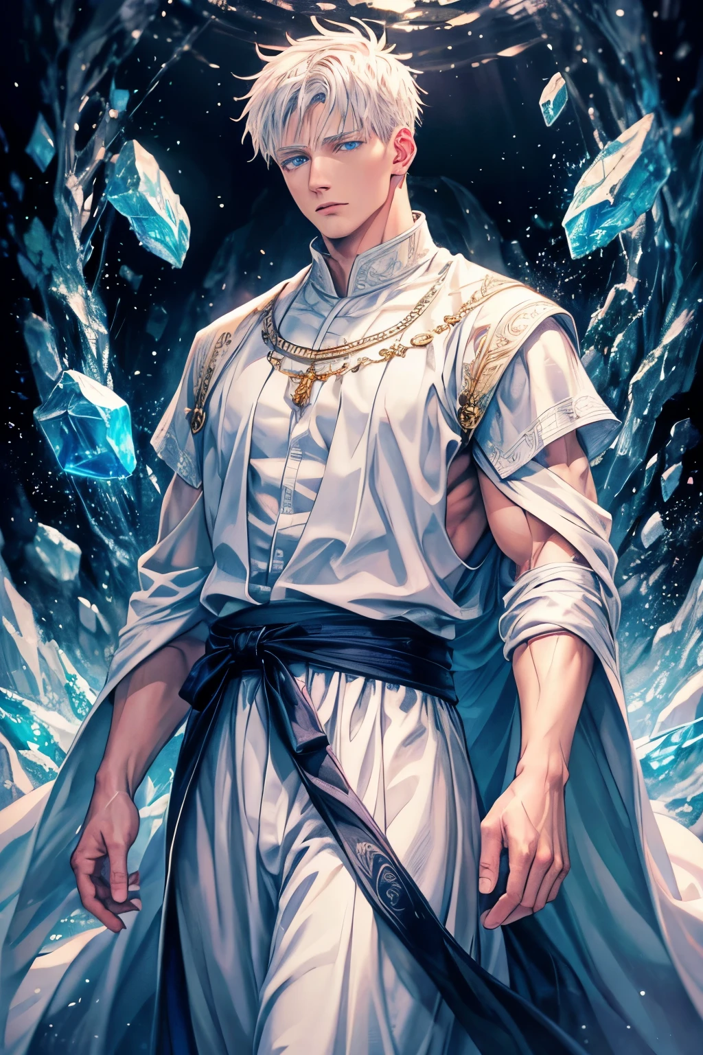 A man with white hair, blue eyes, wearing white clothing, surrounded by a mystical environment, emanating a crystal-like aura, (best quality, 4k, high resolution, masterpiece:1.2), ultra-detailed, realistic, photorealistic:1.37, soft ethereal lighting, intricate details, flowing fabrics, serene expression, enchanting atmosphere, dreamlike scenery, gentle color tones