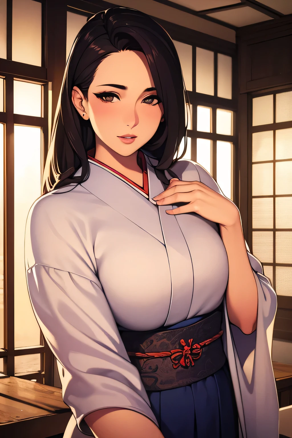 1,Japanese hairstyle,Photorealism,detailed,masterpiece,mature,((full)), (Broad shoulders), ((Huge)),Plus size mature women,expensive,30 years old,Pretty face, (Plump woman),Beautiful long-sleeved kimono,kimono,Hold your chest with both hands:1,high quality,Are standing,High Resolution 4K Information,Kyoto,