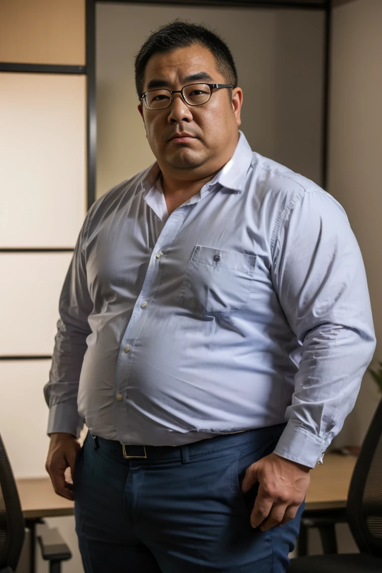 A slightly overweight 30-year-old Japanese man., A Japanese man wearing a white business shirt is standing, Grey Pants, Medium length hair, Natural Hair, He is looking at the audience, Round face:2, Thick thighs, Mouth details, At the office at night, Coffee Break, Super detailed,  anatomically accurate, This photo was taken with a medium telephoto lens, Dark warehouse at night, Green, She is wearing a silver ring on the ring finger of her left hand.., He has his mouth slightly open, Orgasm Face, Erotic Humiliation, Glasses, 