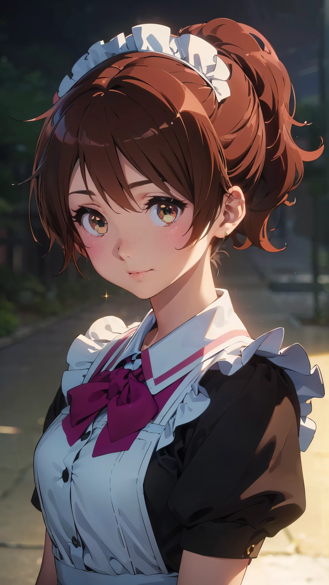 (最High image quality, 8k, High image quality, high detail,masterpiece:1.2)、kumiko oumae,Eye light、Face Light、  Sparkling Eye 、Alone、1 girl、 viewers、anime、animeカラーリング、(from the front:1.3)、(Perfect hands,  Perfect Anatomy)、(Looking at the viewer、 focus on the face)、Sparkling Eyes、(from the front:1.3),Alone,1 girl、( viewers、Blur the background:1.3)、animeカラーリング、(noon、 school festival _Maid Cafe), (  beautiful detailed eyes、 ponytail)、 (Maid uniform:1.2), （Made Cloth, Mini Swirl Skirt, Maid Bandana,  black stockings, Wristbands）、(Blur the background:1.3)、Before the topic、Detailed skin、(( The image placed in the center )),((Glowing Skin,smile))、 (((masterpiece))), ((top-quality)), (( complicated details)),  perfect eyes, Captivating Eyes,