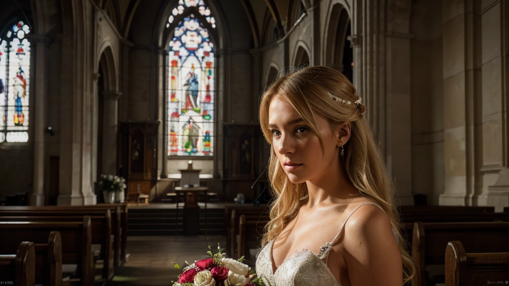 nata lee, ((TOPLESS)), alone, bride, TOPLESS, wearing a white wedding dress, queen, happy, ((forehead to show)), standing, entering the church, detailed face, high definition, (flowers around her), she is a beautiful woman getting married, face with high quality, beautiful, radiant