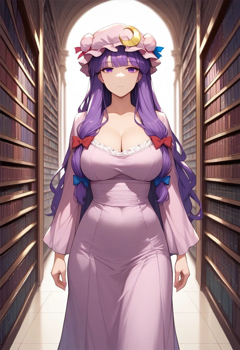 (master piece), (best quality), (8k), (ultra high resolution), (highest quality), (anime style), (best writing), (beautiful face), (masterpiece), (highest quality), (detailed beautiful face and eyes), (textile shading), (cowboy shot), (library), 1girl, solo, patchouli knowledge, 1girl, solo, purple hair, purple eyes, long hair, mob cap, crescent hat ornament, mob cap, beautiful breasts, expressionless, walking,,