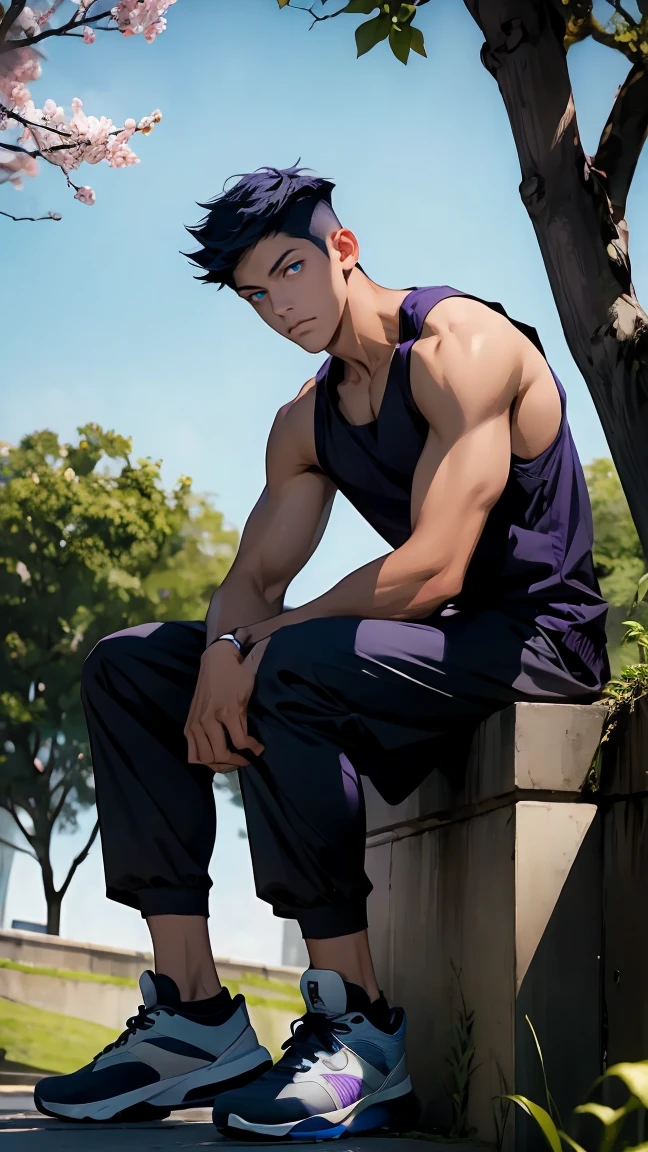 highest quality, 8K, high resolution image, anime style Jujutsu Kaisen, (Daiki Aomine), dark skin, detailed strokes, smile , blurred, happy face, purple light reflecting from it, 1 man, male, strong Man, muscular trained body, sportsman, cool guy, multicolored Background with various geometric shapes, around stickers, muscular, short Hair, darkblue hair, spiky hair, short Hair, swollen chest, turquoise eyes, He is wearing a tank top and jogging pants, he is dressed Urban, background: Taiwanese temple, He sits in the grass in front of a Taiwanese temple and enjoys the beautiful weather, blue sky, sunny day, trees, light wind, cherry blossoms, autumn leaves, garden,