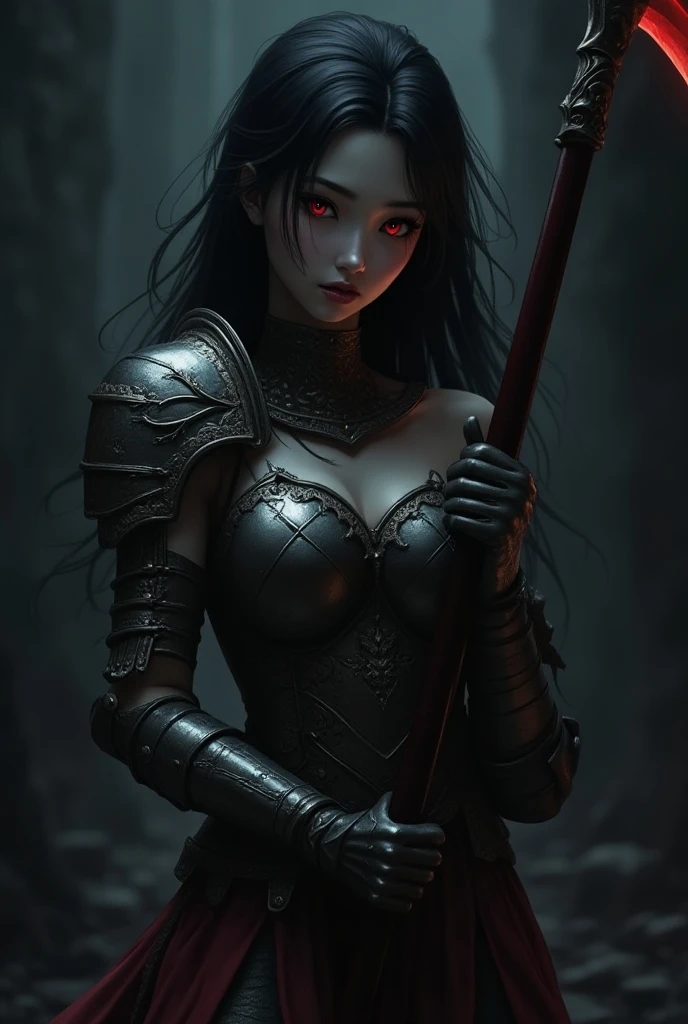 (best quality, 4K, masterpiece :1.3, 8k, ultra-detailed, ultra-masterpiece), girl, ultra-detailed face, detailed lips, detailed eyes, double eyelid, sad, (((dungeon, Dark dungeon, dungeon Background))), warrior, Greek,  (((holding a scythe))), ((red eyes, black hair)), ((((Armor covering the body)))),  full body view , (((girl alta))), anime style