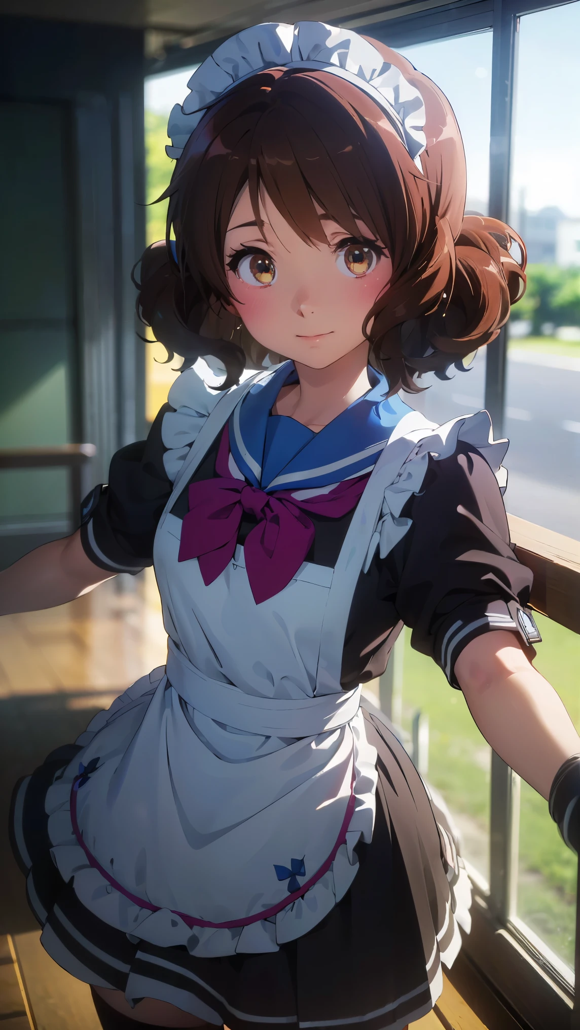 (最High image quality, 8k, High image quality, high detail,masterpiece:1.2)、kumiko oumae,Eye light、Face Light、  Sparkling Eye 、Alone、1 girl、 viewers、anime、animeカラーリング、(from the front:1.3)、(Perfect hands,  Perfect Anatomy)、(Looking at the viewer、 focus on the face)、Sparkling Eyes、(from the front:1.3),Alone,1 girl、( viewers、Blur the background:1.3)、animeカラーリング、(noon、 school festival _Maid Cafe), (  beautiful detailed eyes)、 (Maid uniform:1.2), （Made Cloth, Mini Swirl Skirt, Maid Bandana,  black stockings, Wristbands）、(Blur the background:1.3)、Before the topic、Detailed skin、(( The image placed in the center )),((Glowing Skin,smile))、 (((masterpiece))), ((top-quality)), (( complicated details)),  perfect eyes, Captivating Eyes,(The dark blue bloomer is only slightly visible)