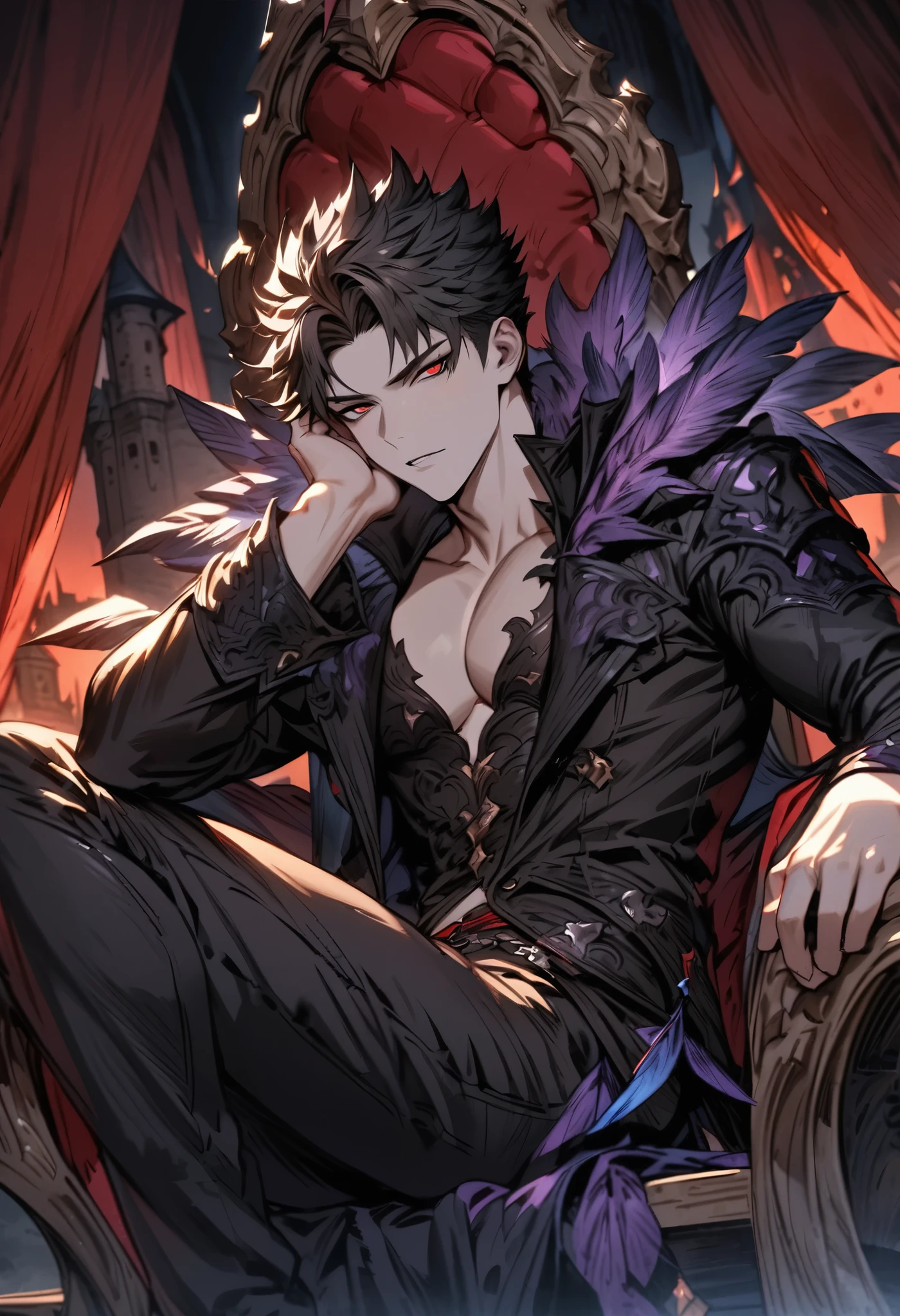 独奏, handsome, Glossy feel,
1. male,
bangs,Straight Hair, ponytail,
black hair,
Gojo Satoru,
red Eyes,Soft look,beautiful,beautiful,sexly,Darkness,butterfly Tattoo,black Rose Tattoo,devil, devil wing,double tooth,
oversized black coat,clavicle,Stylish,
skin,Black Rose,Alluring,sexly,
throne,
red background,Close-up,