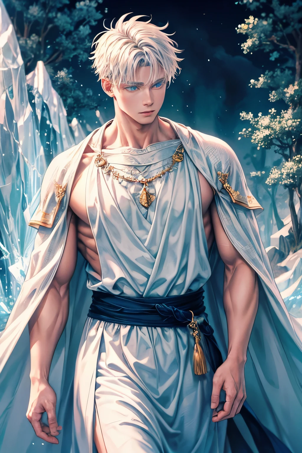 A man with white hair, blue eyes, wearing white clothing, surrounded by a mystical environment, emanating a crystal-like aura, (best quality, 4k, high resolution, masterpiece:1.2), ultra-detailed, realistic, photorealistic:1.37, soft ethereal lighting, intricate details, flowing fabrics, serene expression, enchanting atmosphere, dreamlike scenery, gentle color tones