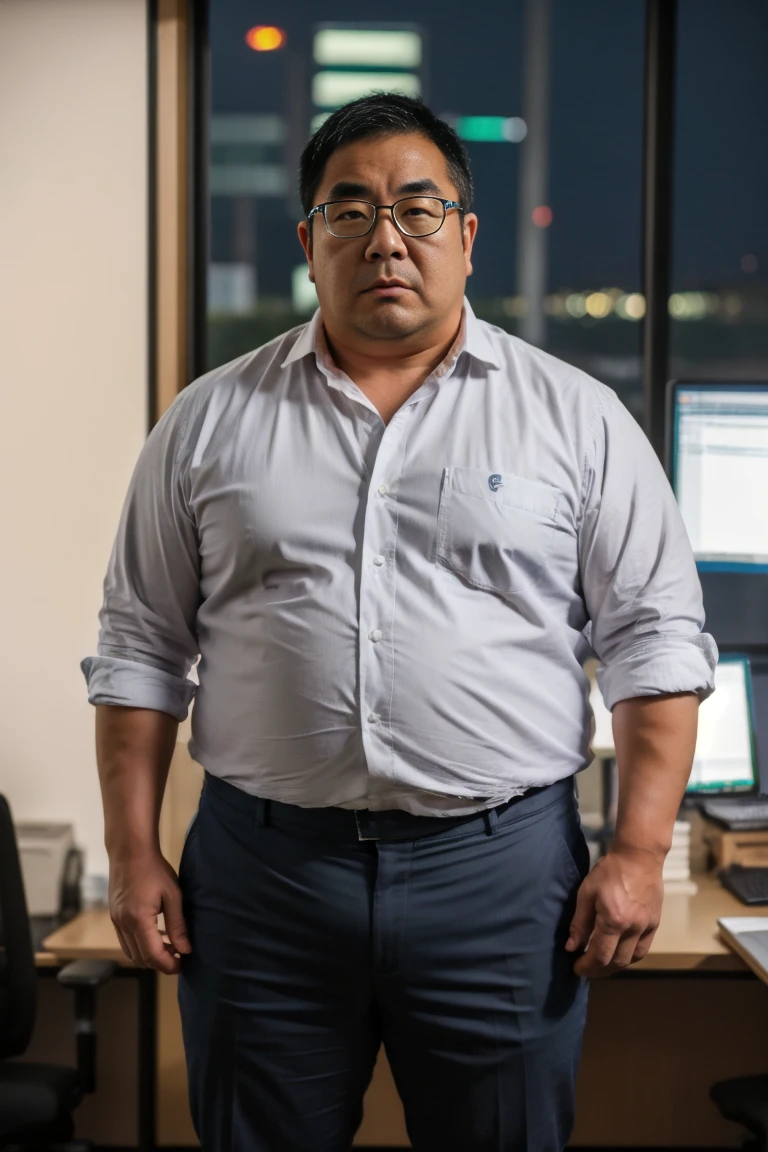 A slightly overweight 30-year-old Japanese man., A Japanese man wearing a white business shirt is standing, Grey Pants, Medium length hair, Natural Hair, He is looking at the audience, Round face:2, Thick thighs, Mouth details, At the office at night, Coffee Break, Super detailed,  anatomically accurate, This photo was taken with a medium telephoto lens, Dark warehouse at night, Green, She is wearing a silver ring on the ring finger of her left hand.., He has his mouth slightly open, Orgasm Face, Erotic Humiliation, Glasses, 