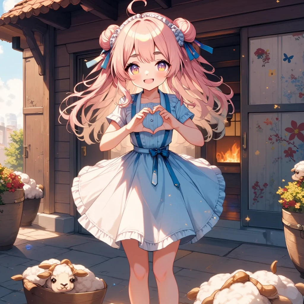 UHD, super detail, high details, highres, from front, upper body, cowboy shot, look at viewer, Sheep, heart hands:1.3, ((Heart effect:1.2)), smile, Happy expression, Inside the house with a warm atmosphere 