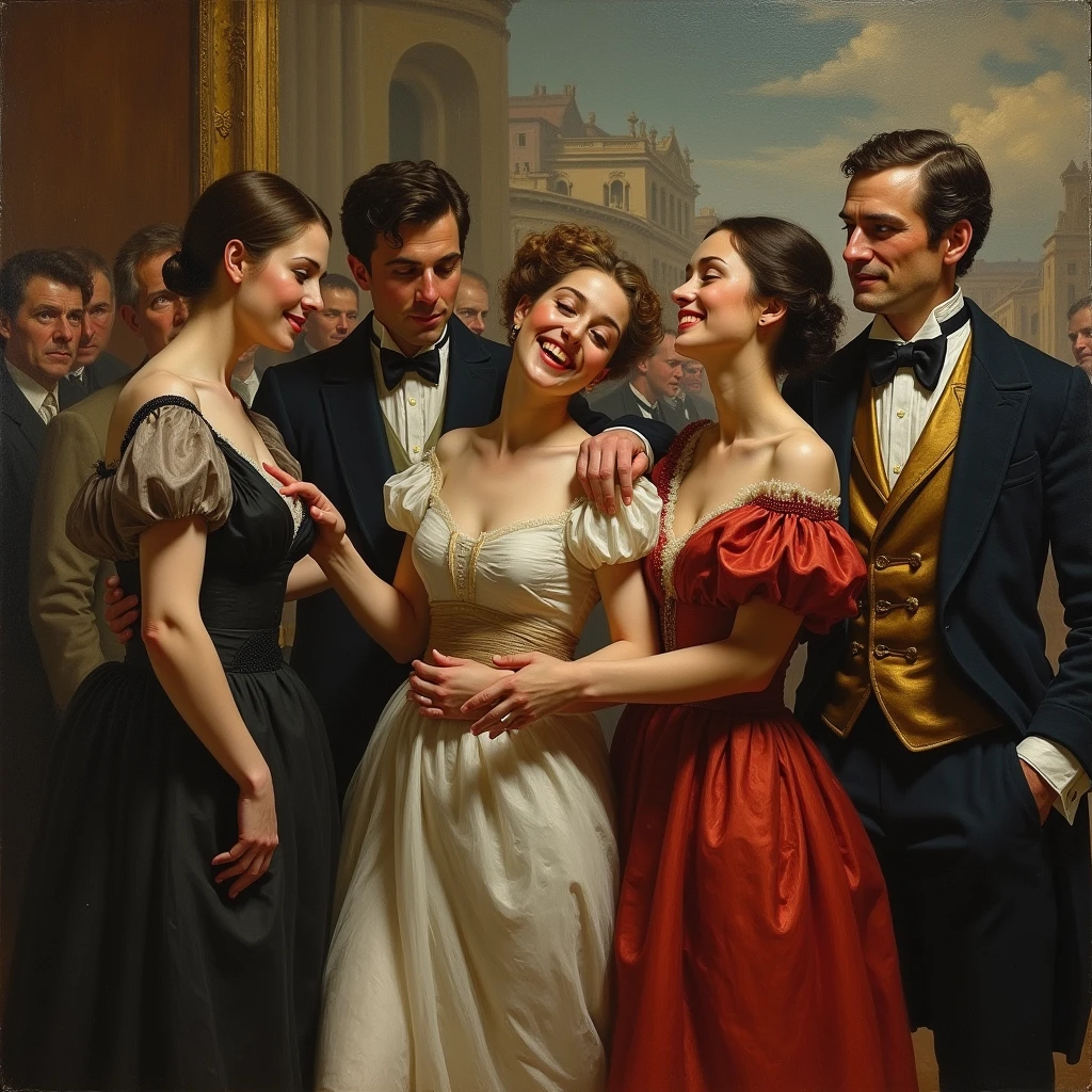 painting of a group of people in fancy clothing standing on a staircase, jehan georges vibert, by Emanuel Leutze, by Stanislas Lépine, by Carl Frederik von Breda, by Eugene von Guerard, by Emile Lahner, by Georg Friedrich Schmidt, by Eduard von Grützner, rococo art, 18th century art