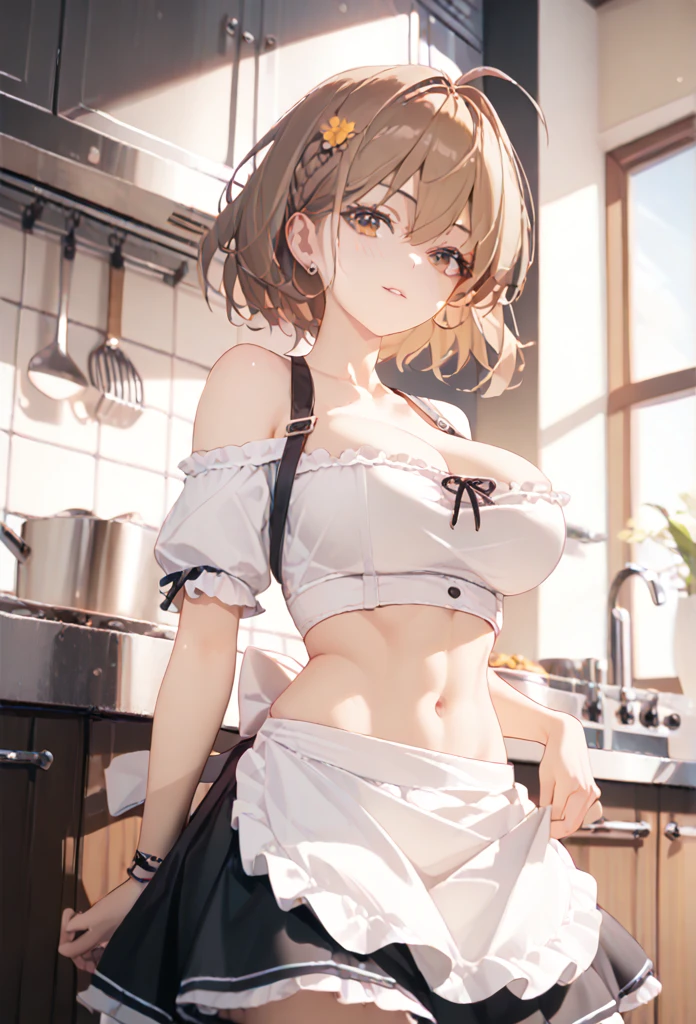 
 score_9,score_8_up,score_7_up、(masterpiece, best quality, highly detailed, ultra detailed, high resolution, absurdres:1.2),
BREAK
(1girl,anisrnd, ahoge, short hair, brown hair, large breasts),solo,(abs:0.8),(navel:1.2),
BREAK
off shoulder maid clothes,Apron skirt,accessories, (making breakfast in the kitchen:1.2),