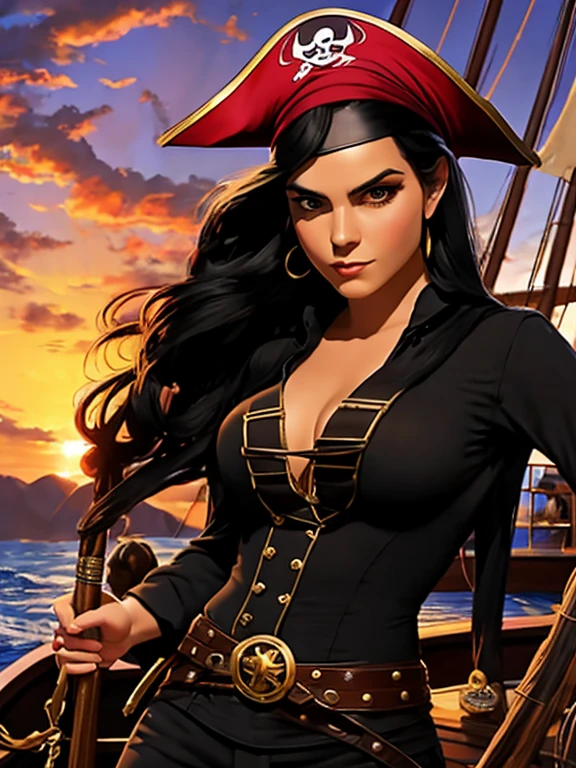 (sfw)Inspired by the art of John Buscema,A pirate woman , long black hair,  red headband , black eyes, thin body,  medium breasts , arrogant, wearing a button-down shirt, long sleeve,  belt with exaggerated buckle , tight pants,  Buccaneer Boots , Sensual,  Doing a superior pose with two sharp swords in her hands,  on the deck of a pirate ship , detailed scene, the perfect dinner,(sfw)