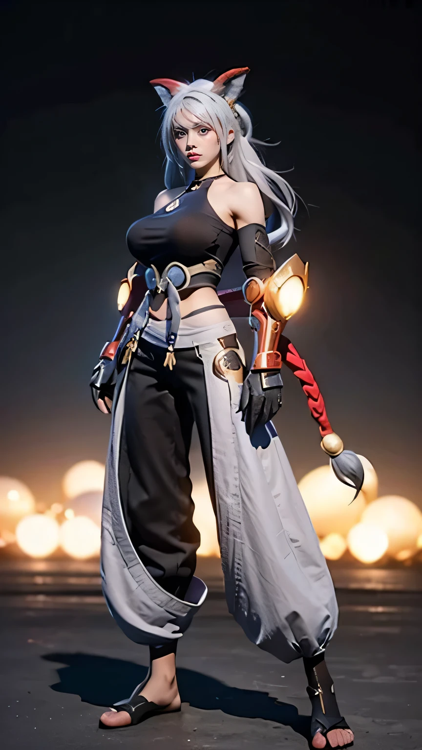 qi_aov_new, 1girl, solo, grey eyes, grey hair, bangs, long hair, hair ornament, breasts, large breasts, looking at viewer, blue eyes, white background, animal ears, bare shoulders, standing, white hair, , pants, black pants, armor, lips, gauntlets, jewelry, braid, toes, anklet, tail, ass, realistic, (masterpiece),((ultra-detailed)), (highly detailed CG illustration),(expressionless), (best quality:1.2)